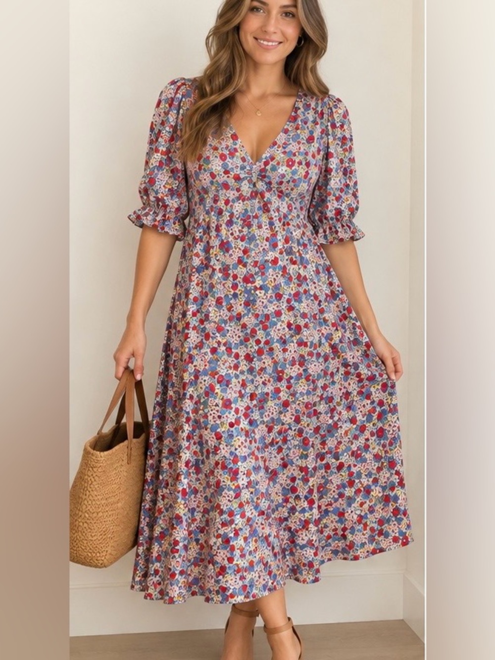 Boden Floral Print V-Neck Midi Dress Red Blue Pink Ruffle Sleeve 12R